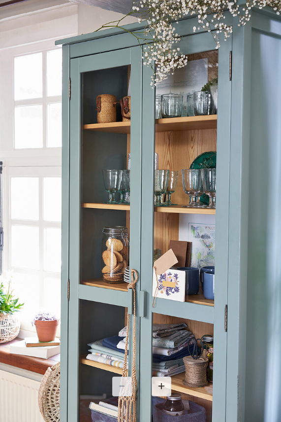 Green Eucalyptus and wood Tall cabinet with glass doors / Alvina Solid Pine Dresser Cabinet