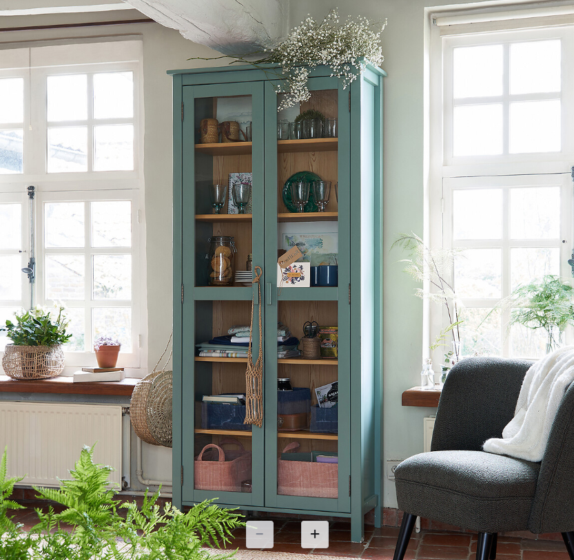 Green Eucalyptus and wood Tall cabinet with glass doors / Alvina Solid Pine Dresser Cabinet