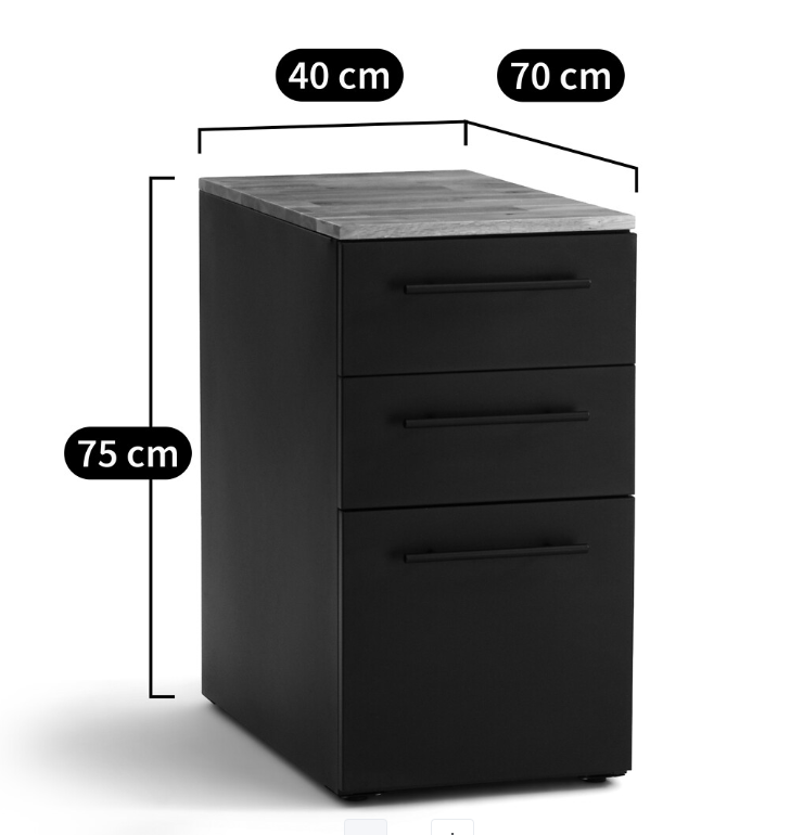 Black Metal and Oak Top Filling Cabinet / Home Office storage / La Redoute Hiba 3-Drawer Desk Unit
