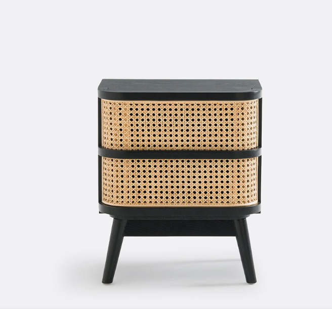 Rattan Cane and Black Bedside Table with 1 Drawer