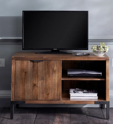 Small Solid Dark Wood and Black Metal TV Stand