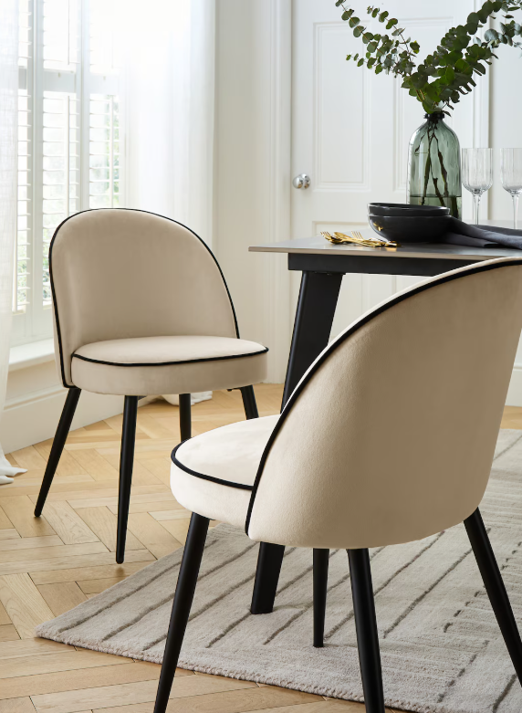 Dining Chairs Set of 2 / Off White Velvet with Black Piping and Black Legs