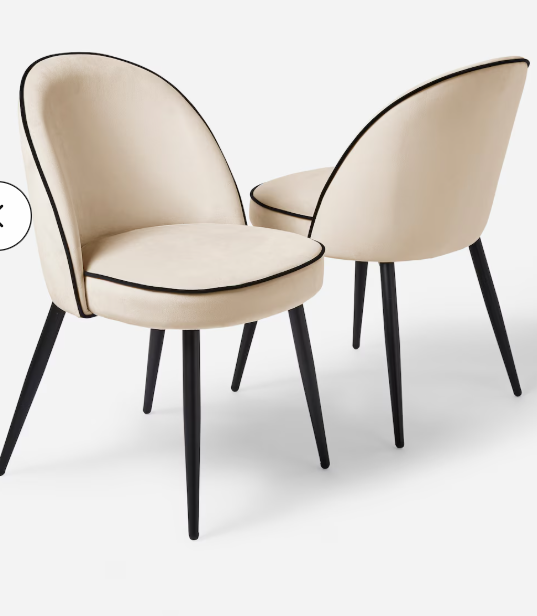 Dining Chairs Set of 2 / Off White Velvet with Black Piping and Black Legs