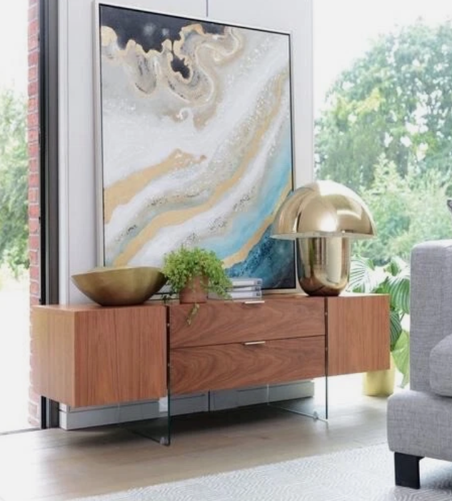 TV UNIT WALNUT BROWN & GLASS CABINET FLOATING WOODEN STYLE STAND
