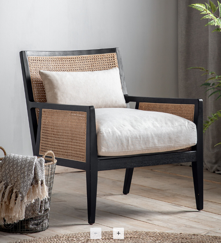 Black and Rattan Armchair with Linen Look Cushions
