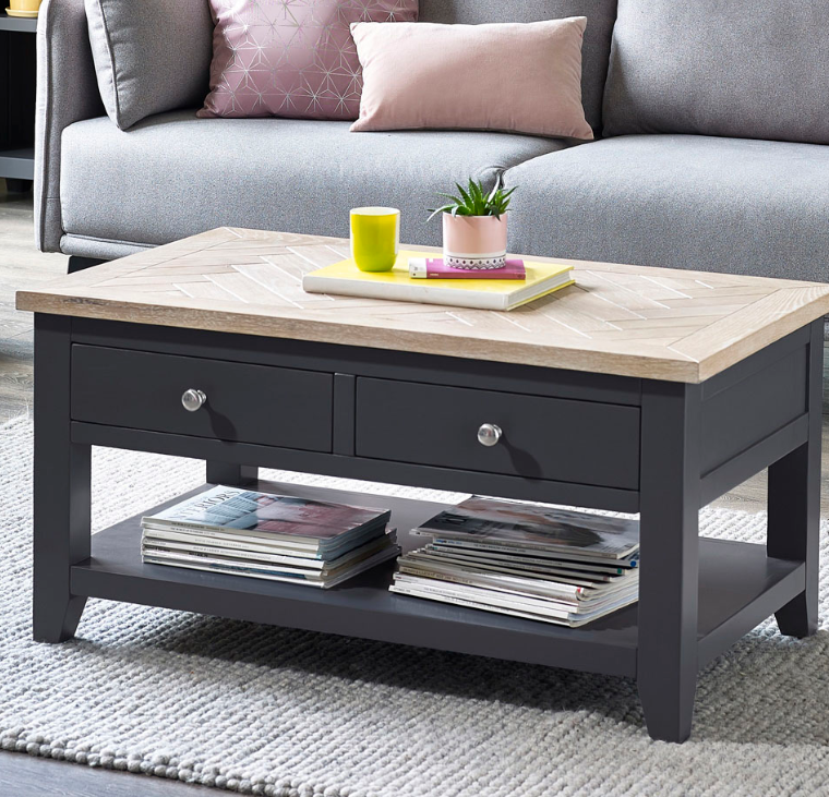 Navy Blue and Wood Herringbone/parquet Top Coffee Table with drawers and shelf