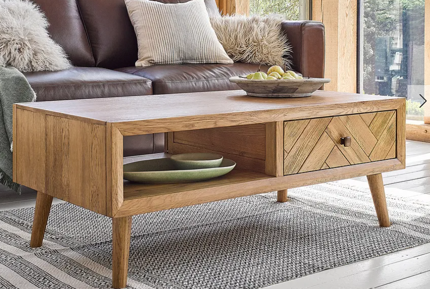 Solid Oak Coffee Table with Drawers and Shelf / Parquet Front