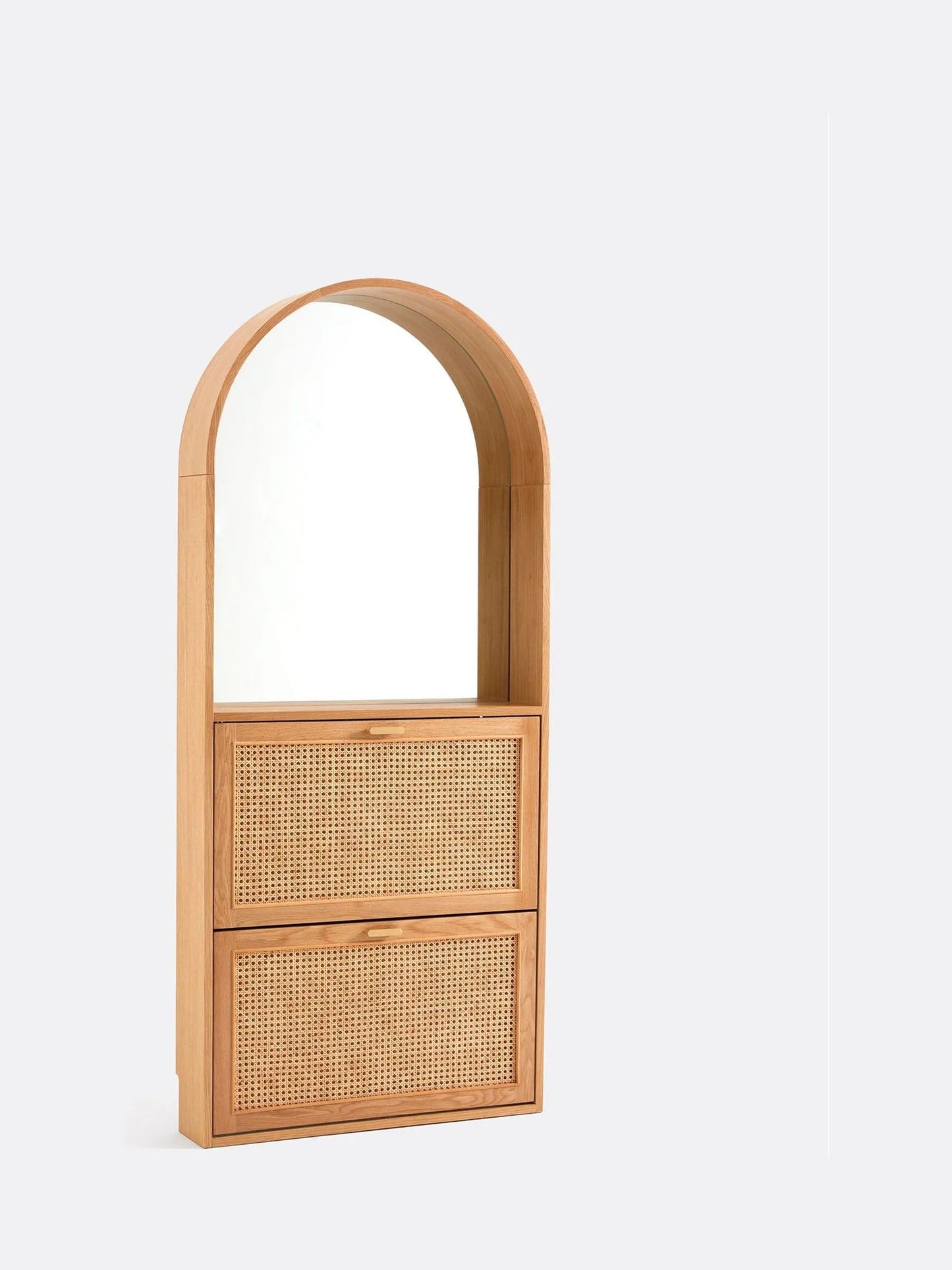 Oak and Rattan Arched Shallow Shoe Storage Hallway Cabinet