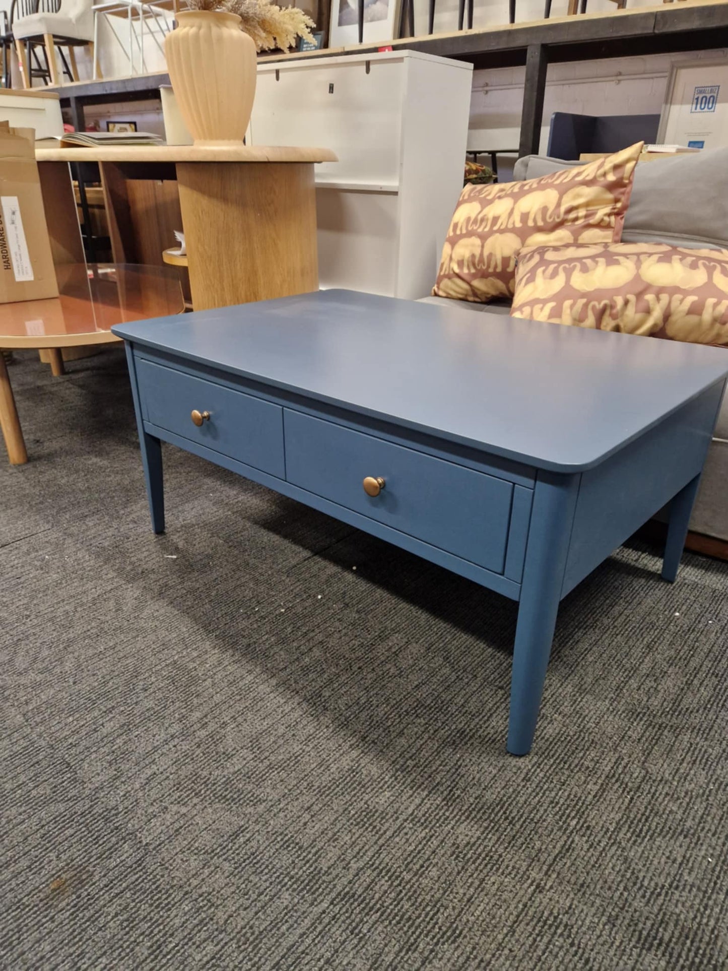 Blue Solid Wood Coffee Table with Storage Drawer