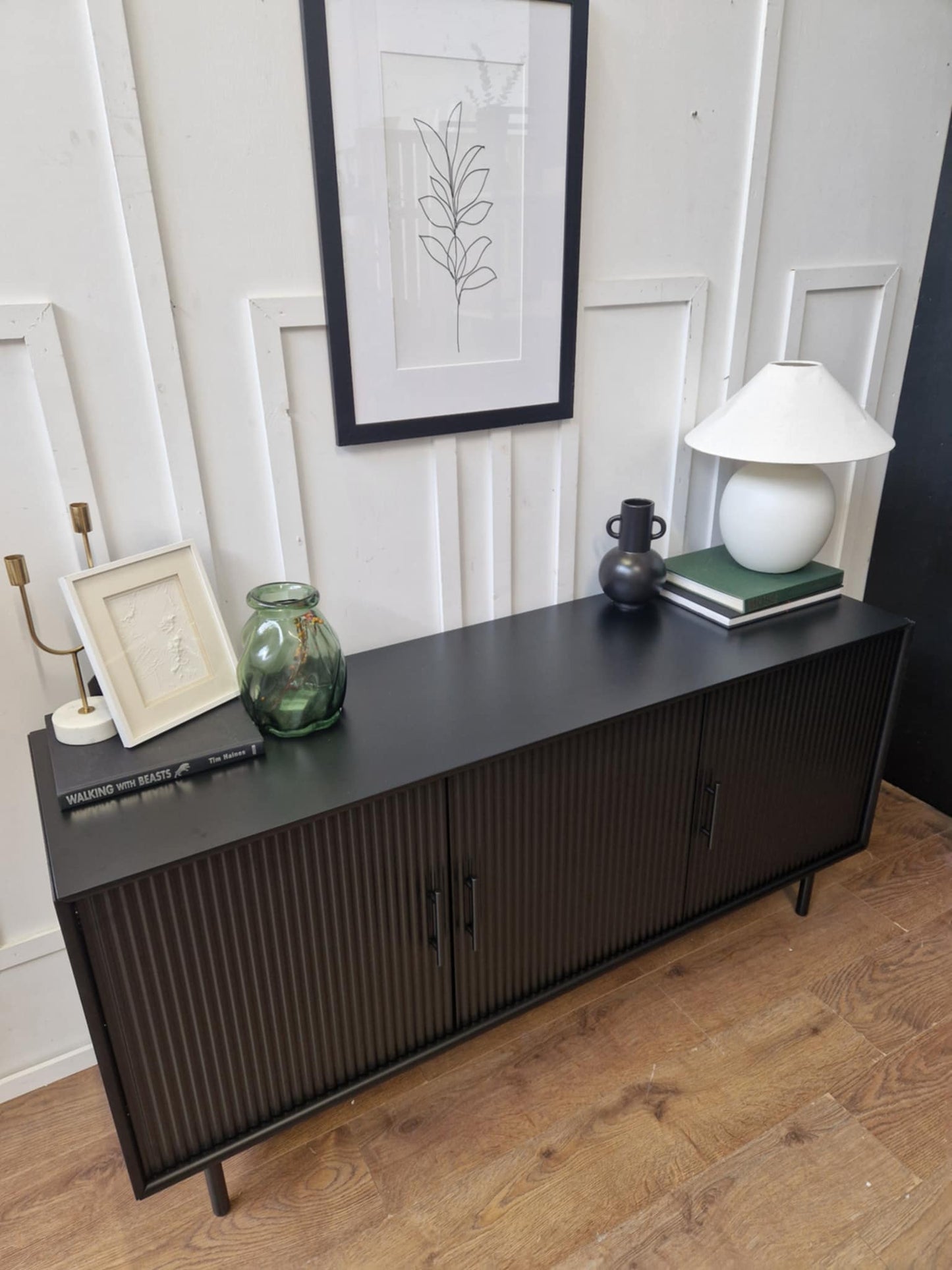 Black Large Sideboard with Fluted / Ribbed / Ridge doors