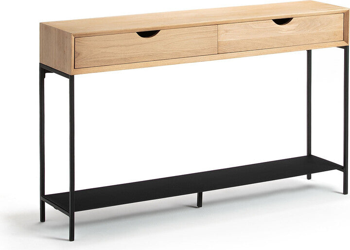 Oak and Black Metal Console Table with shelf and drawers / La Redoute Mambo