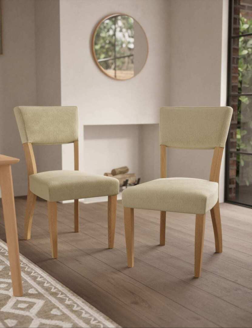 Solid Oak and Natural Fabric Dining Chairs set of 2
