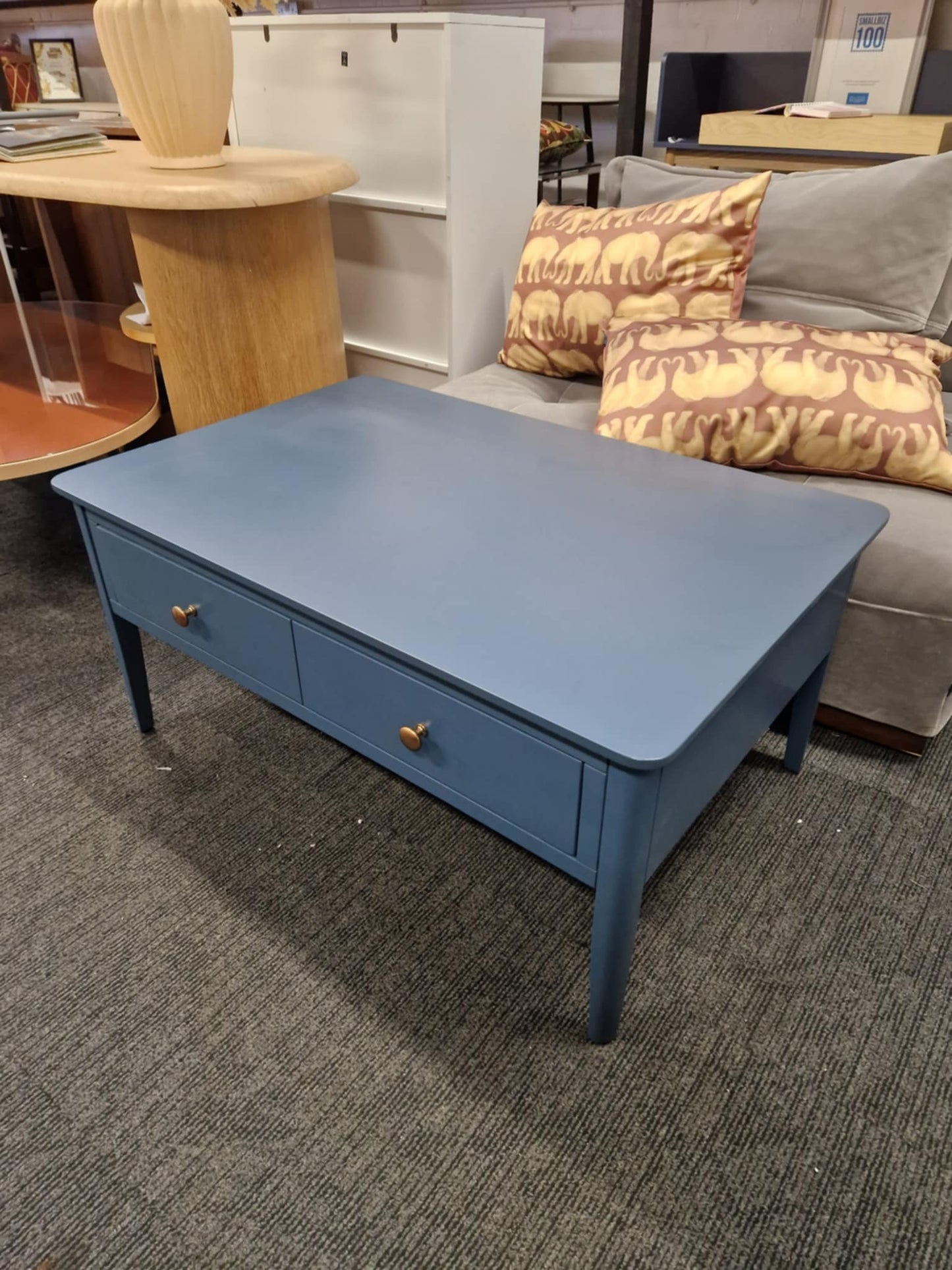 Blue Solid Wood Coffee Table with Storage Drawer