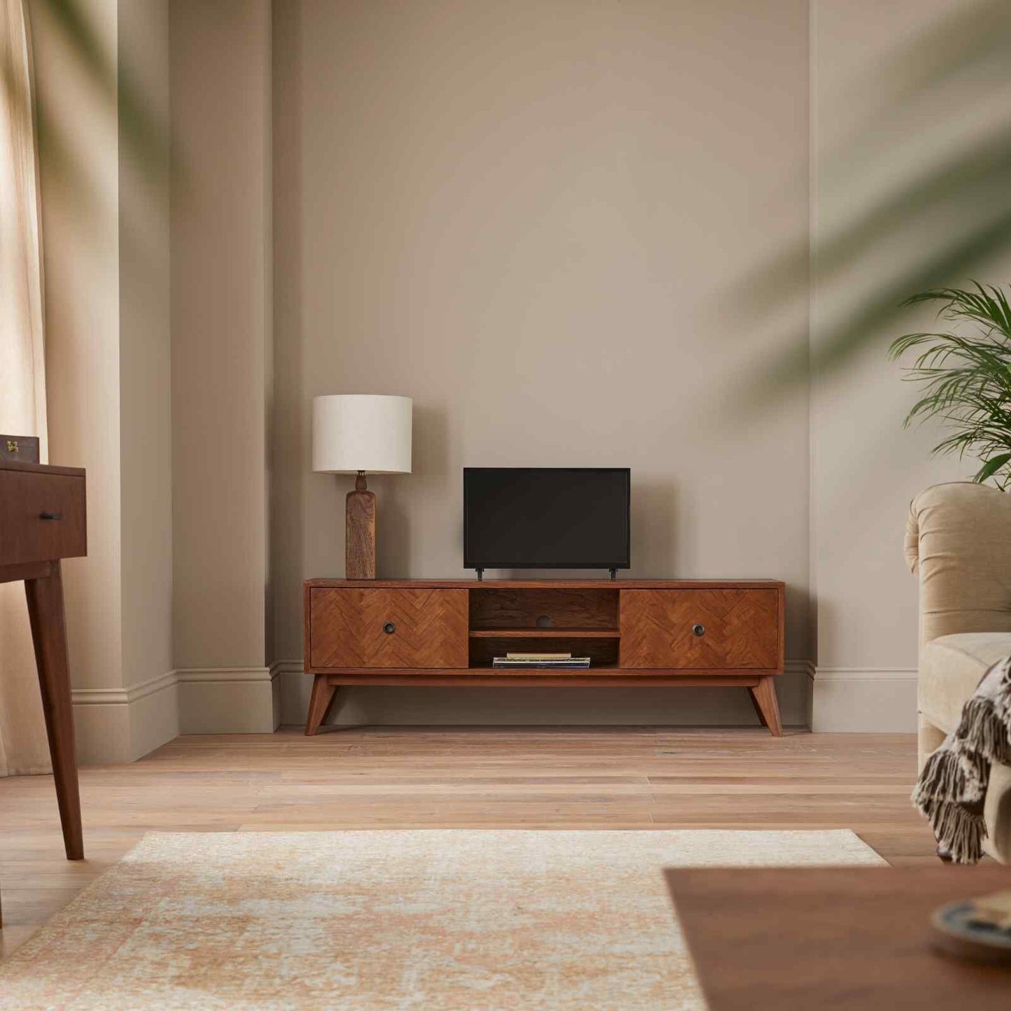 Dark Wood Chevron  Sliding Doors Tv Stand / Media Unit