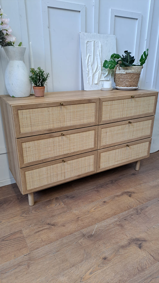 Oak and Rattan Wide Chest of Drawers |  Pavia