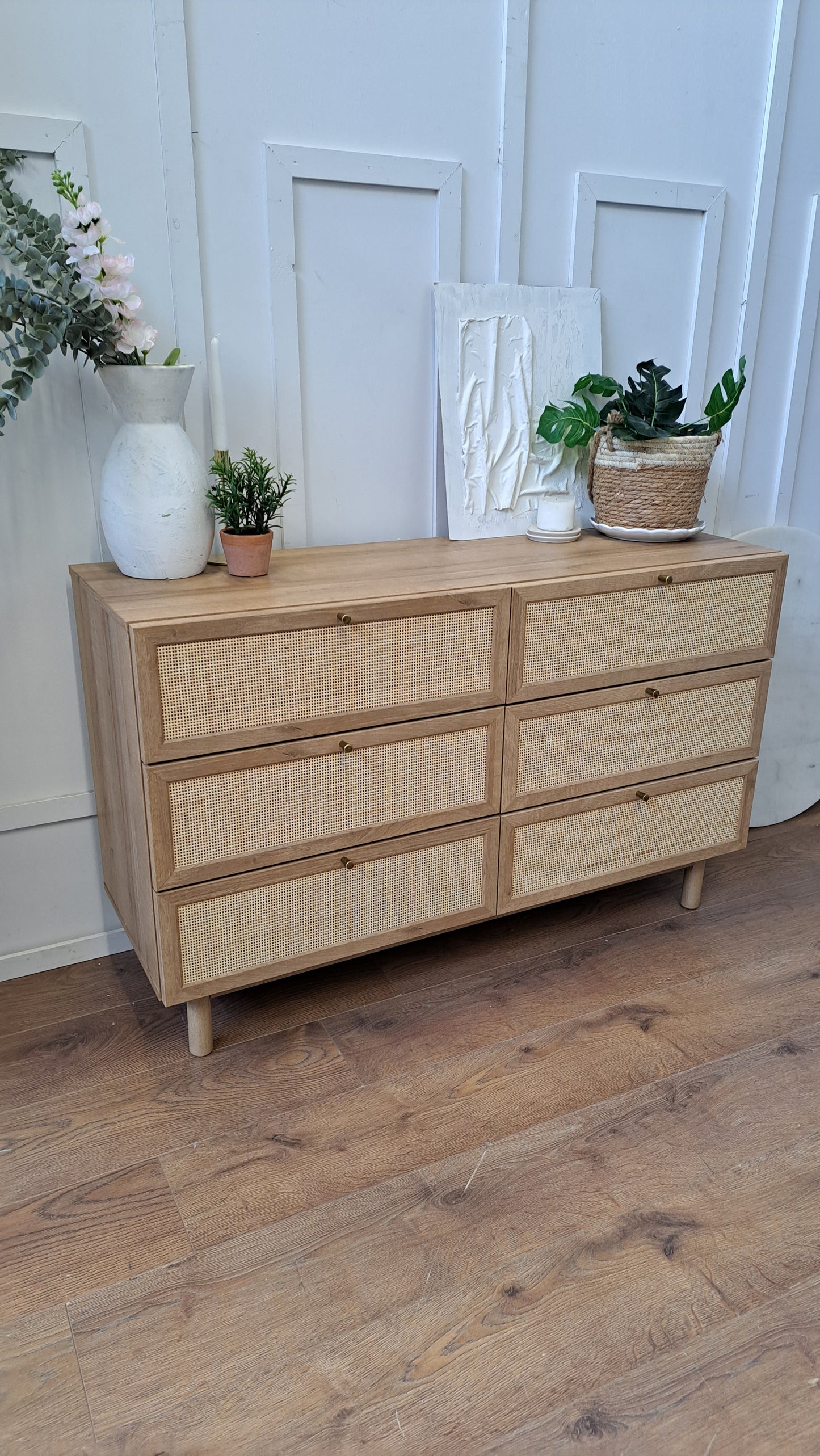 Oak and Rattan Wide Chest of Drawers |  Pavia