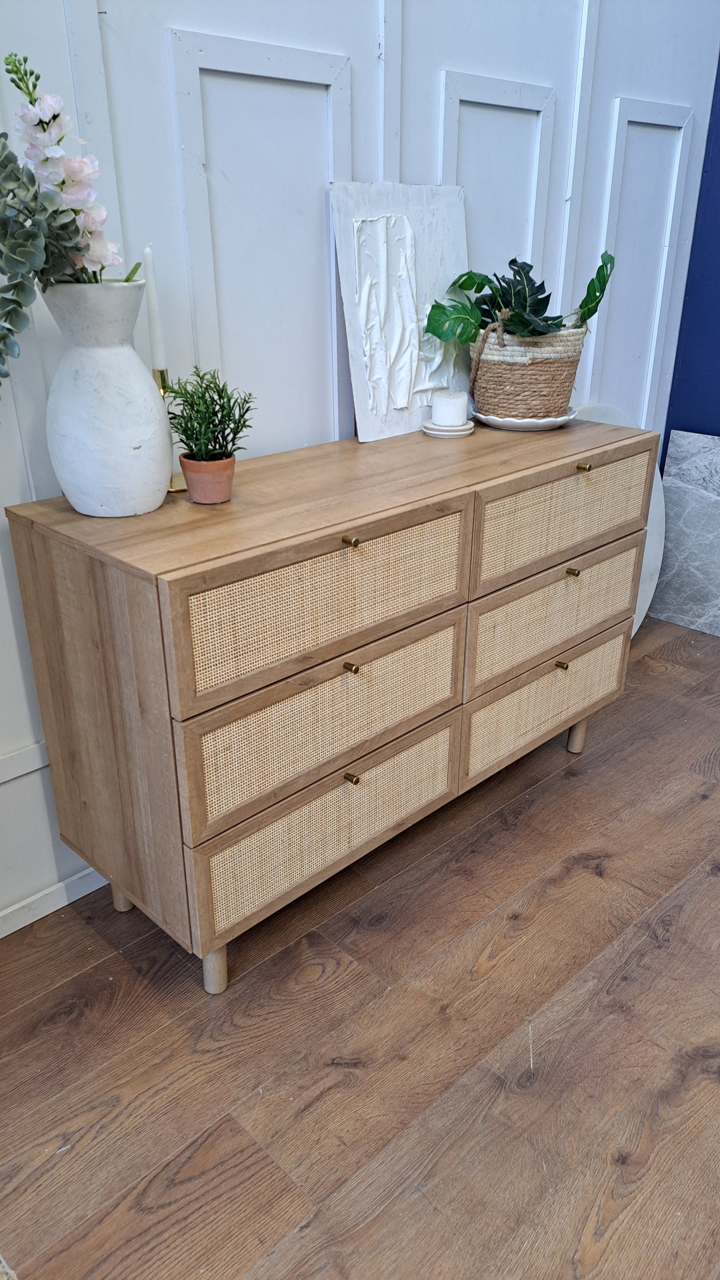Oak and Rattan Wide Chest of Drawers |  Pavia