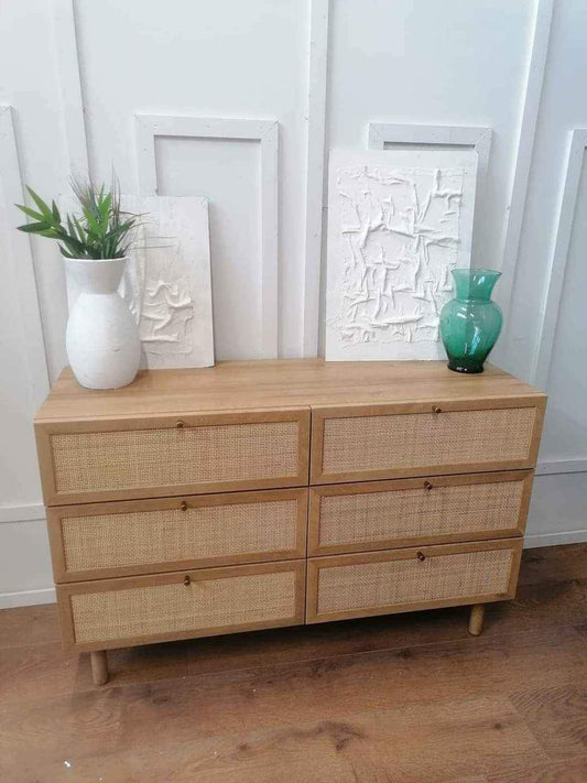 Oak and rattan  wide chest of drawers