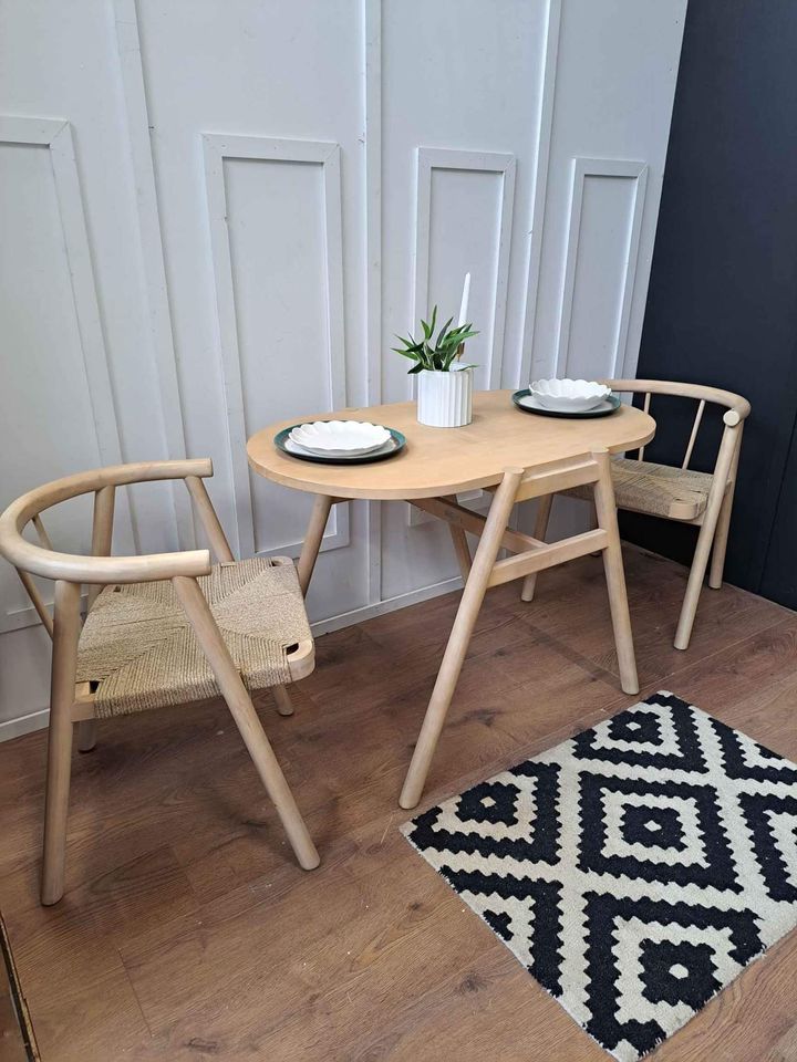 Dining Set Tuck in 2 Seater Oak and Weave Outdoor Balcony